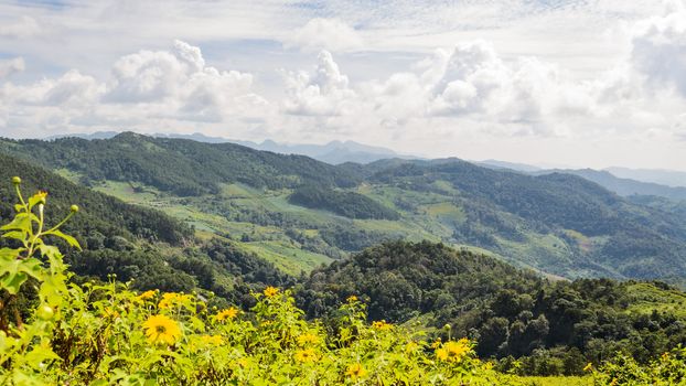 Landscape mountain range high angle view from viewpoint Doi Mae U Ko at Mae Hong Son province of Thailand