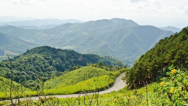 Landscape mountain range high angle view from viewpoint Doi Mae U Ko at Mae Hong Son province of Thailand