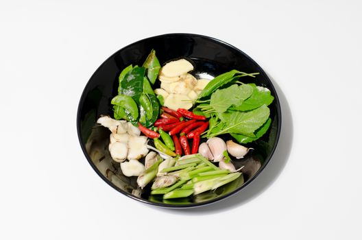 Herbs and spices set to make tom yum spicy soup