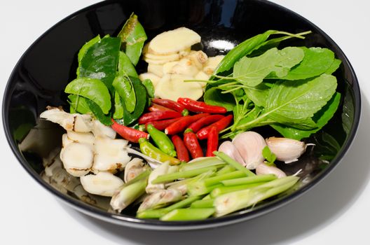 Herbs and spices set to make tom yum spicy soup