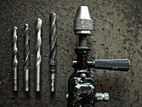 Old manual drill and drill bits