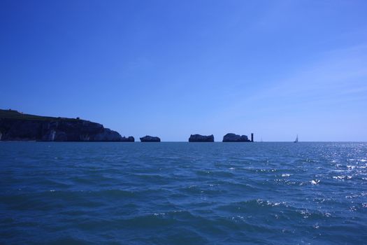 The red and white striped lighthouse at the needles in the solent