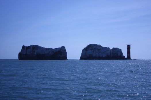 The red and white striped lighthouse at the needles in the solent