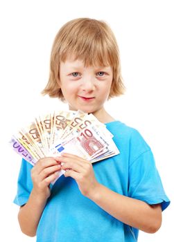 BOY WITH BLOND HAIR HOLDING UP EURO BANKNOTES.