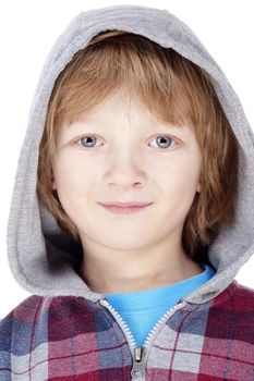 portrait of a boy with blond hair and hood - isolated on white