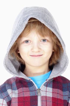 portrait of a boy with blond hair and hood - isolated on white