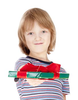 Boy Holding out a Present - Isolated on White