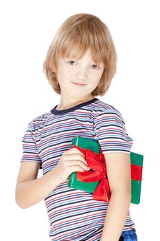 Boy Holding a Present - Isolated on White