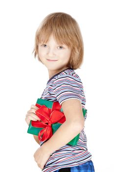 Boy Holding a Present - Isolated on White