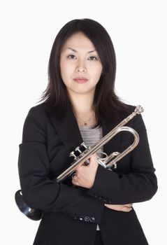 Portrait of a Female Trumpet Player - Isolated on White