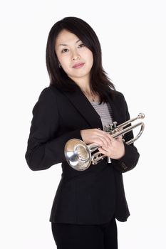 Portrait of a Female Trumpet Player - Isolated on White