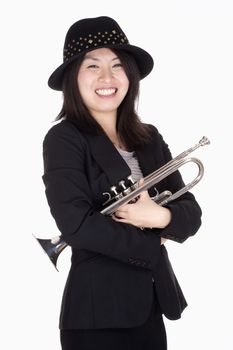 Portrait of a Female Trumpet Player - Isolated on White