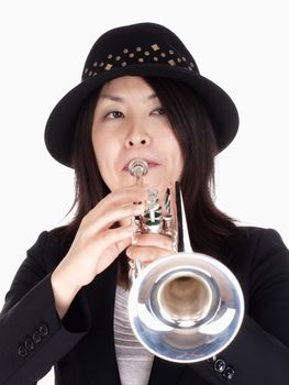 Portrait of a Female Trumpet Player - Isolated on White