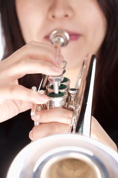 Closeup of Trumpet Player Playing - Isolated on White