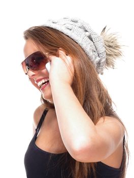 Teenage Girl with Sunglasses on Mobile Phone - Isolated on White