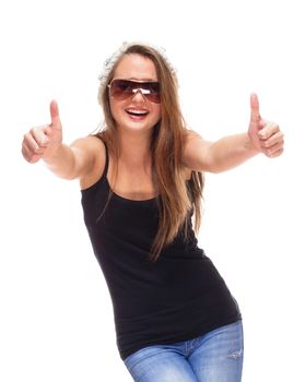 Portrait of a Teenage Girl with Sunglasses showing Thumbs up Sign