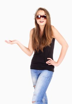 Portrait of a Teenage Girl with Sunglasses Making Gestures - Isolated on White