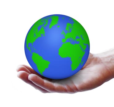 World ecology and environment business concept with a green and blue earth or globe and an open hand on white background.