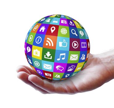 Web and Internet social media conceptual design with technology icons and symbol on a colorful globe and an open man hand. Isolated on white background.