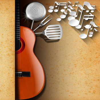 Acoustic guitar with brown stained paper, kitchen utensils and white musical notes. Template for food menu and a musical event
