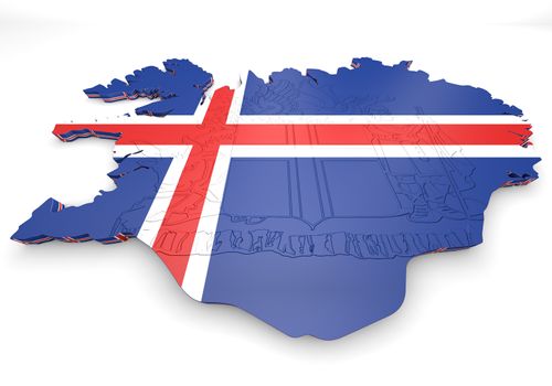 3D map illustration of Iceland with flag and coat of arms