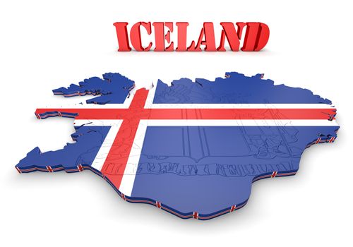 3D map illustration of Iceland with flag and coat of arms