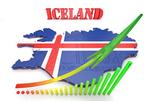 3D map illustration of Iceland with flag and coat of arms