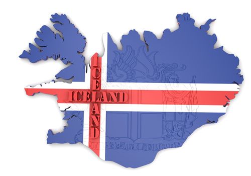 3D map illustration of Iceland with flag and coat of arms