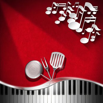 Red velvet background with kitchen utensils, white musical notes and piano keyboard. Template for food menu and a musical event