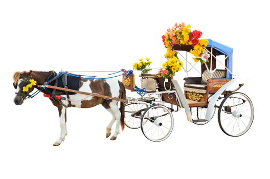 Horse carriages for tourist services in Lampang province of Thailand on white background
