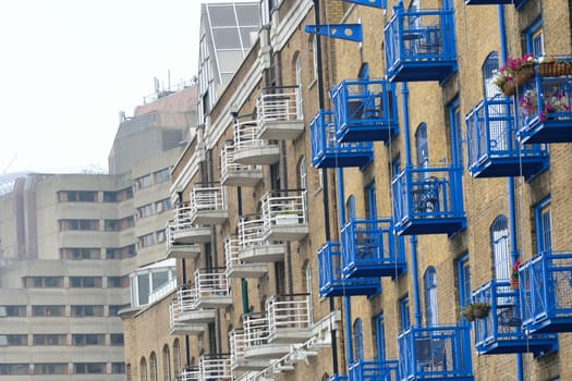 Blue balconies on warehouse conversion