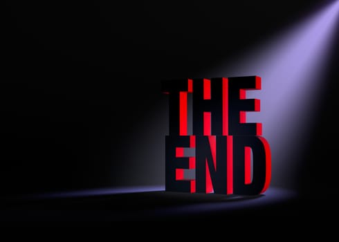 Angled spotlight backlighting and revealing red "THE END" on a dark background.