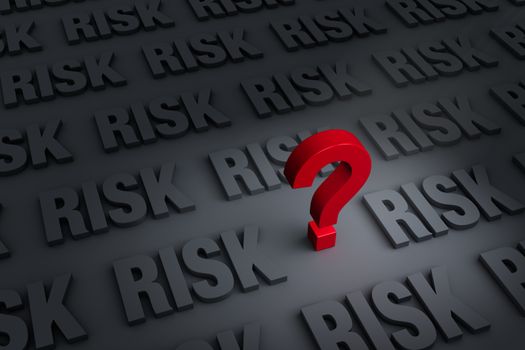 A red "?" stands out in a dark background of gray "RISK" receding into the distance