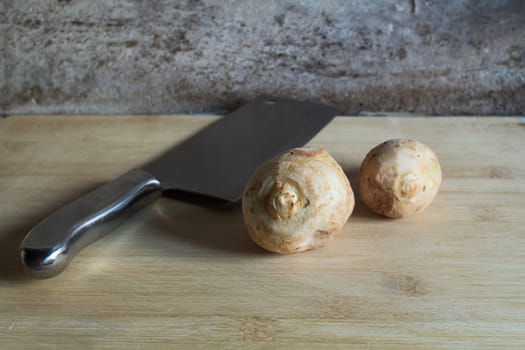 Taros and knife in kitchen