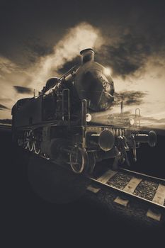 Picture of a vintage locomotive with romantic background.