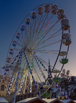 Evening. Good weather. Christmas fair. Riga, Latvia, Europe.