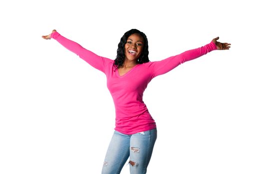 Beautiful happy smiling young woman with open arms welcoming celebrating cheering, isolated.