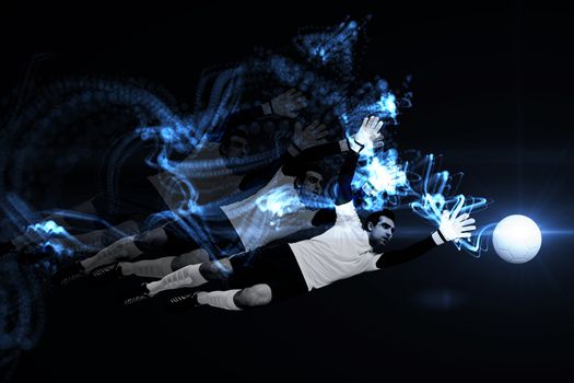 Goalkeeper in white making a save against abstract glowing black background