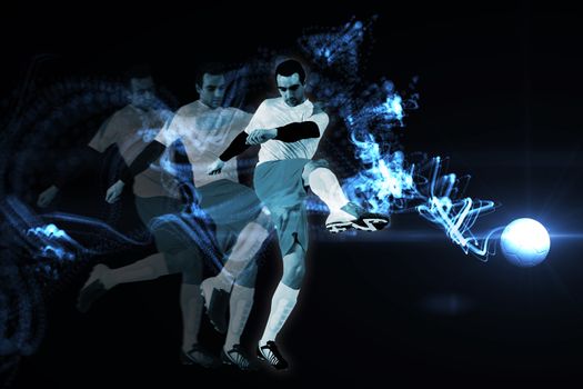 Football player in white kicking against abstract glowing black background