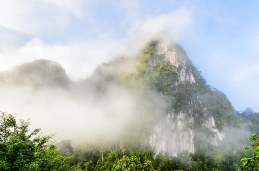 Lush high limestone mountain covered by mist surrounded by tropical forests of Thailand.