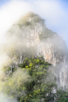 Lush high limestone mountain covered by mist surrounded by tropical forests of Thailand.