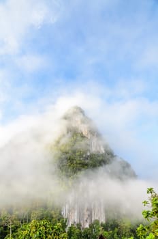 Lush high limestone mountain covered by mist surrounded by tropical forests of Thailand.