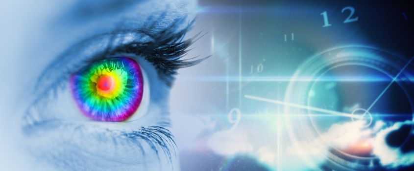 Pyschedelic eye on blue face against blue glowing technology design with clock