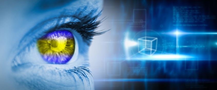 Green and yellow eye on blue face against blue technology design with cube