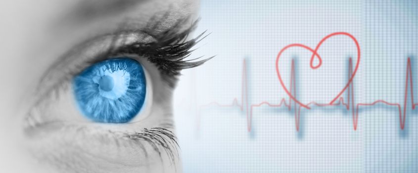 Blue eye on grey face against medical background with red ecg line