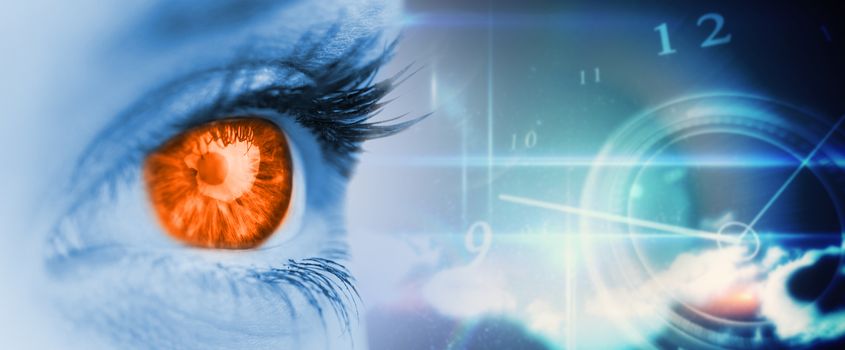 Orange eye on blue face against blue glowing technology design with clock