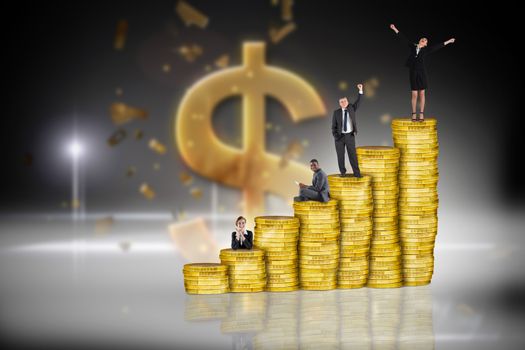 Composite image of business people on pile of coins against golden dollar sign