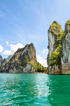 Beautiful island surrounded by water, Natural attractions at Ratchapapha dam in Khao Sok National Park, Surat Thani province, Guilin of Thailand.