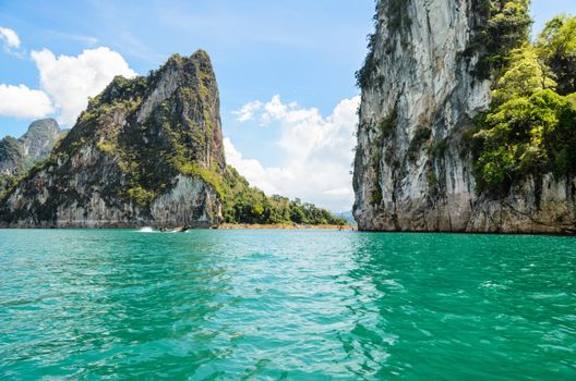 Beautiful island surrounded by water, Natural attractions in Ratchapapha dam at Surat Thani province, Guilin of Thailand.
