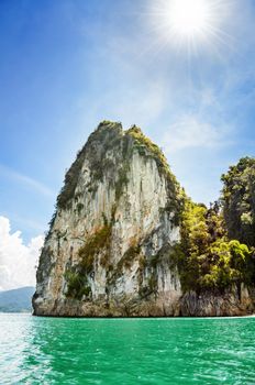 Beautiful island under the sun in summer at Ratchapapha dam, Khao Sok National Park, Surat Thani province, Guilin of Thailand
